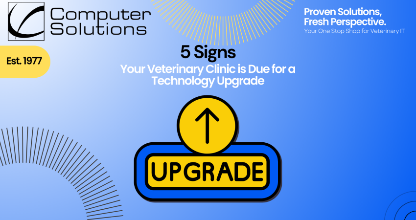 Title image. This includes the Computer Solutions logo, contact information, and tagline: "Your one-stop-shop for veterinary IT". It also contains a large button with the word "Upgrade" in the center.