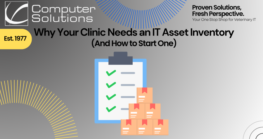 Vet clinic inventory blog post title page. This includes the Computer Solutions logo, tagline, and contact info, as well as an image of a list and some boxes.