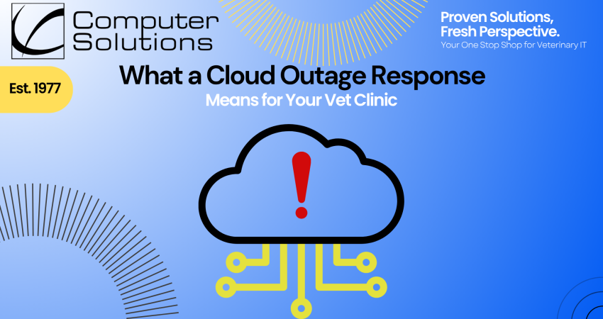Title image for a blog about cloud outage responses for vet clinics. This includes a cloud image with an error. It also includes the Computer Solutions tagline, logo, and contact information.