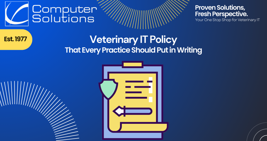 Veterinary IT policy article title page. This includes the Computer Solutions logo, tagline, and contact information. It also includes a graphic of a policy form.